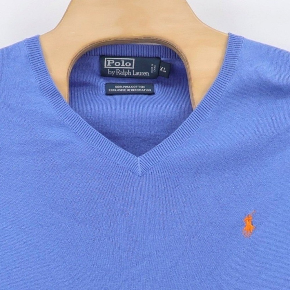 Polo Ralph Lauren Pima Cotton V-Neck Sweater Blue Long Sleeve Mens XL